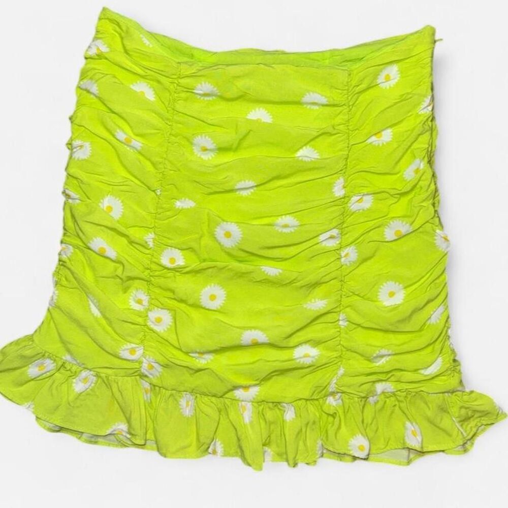 Urban Outfitters Lime Green Daisy Print Ruched Ruffled Mini Skirt, Size Small